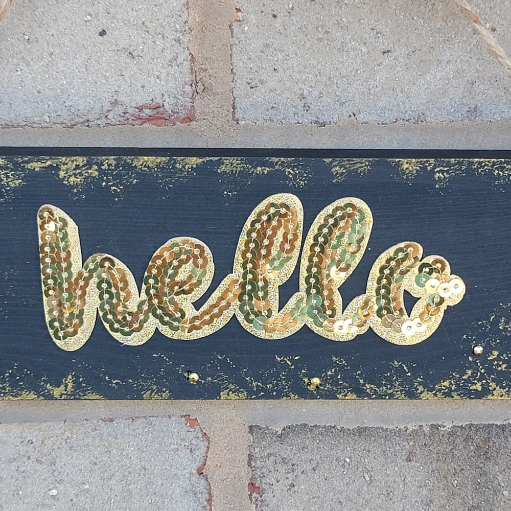 Hello Wooden Gold and black Wall Decor Handmade Farm Sign
